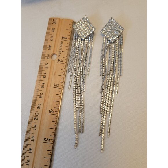 Rhinestone Statement Dangle Earrings With Long Tassels Wedding Boho Fringe 5" - Picture 3 of 6